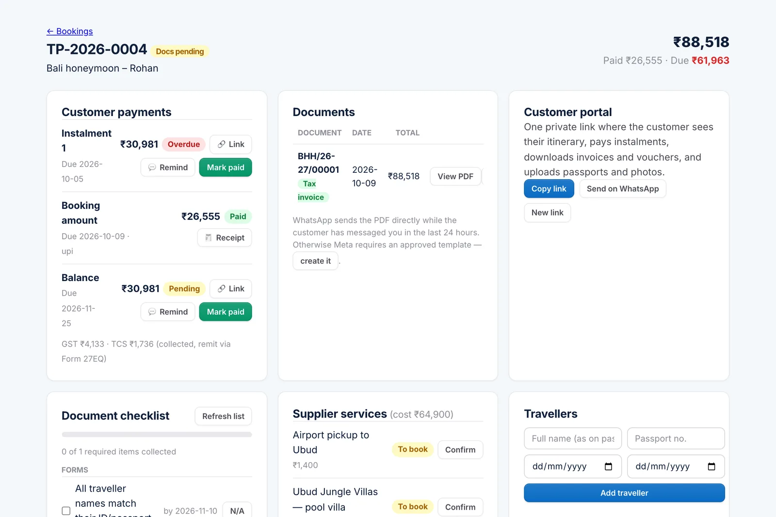 Booking page with payment schedule, documents and customer portal link