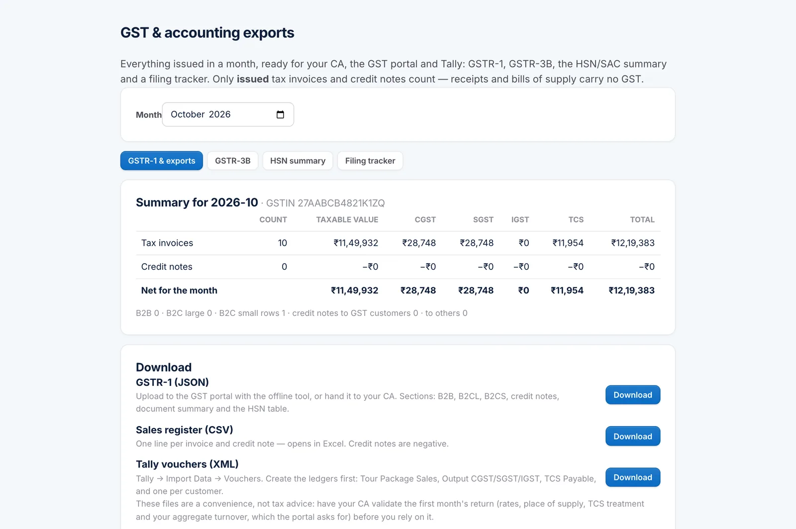 GST summary with GSTR-1, GSTR-3B and Tally export options