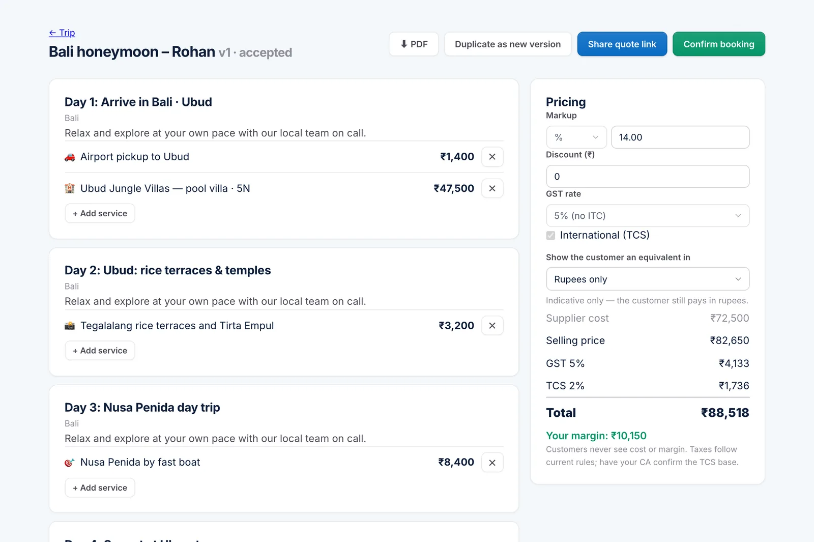 Itinerary builder with day-wise services, pricing and margin