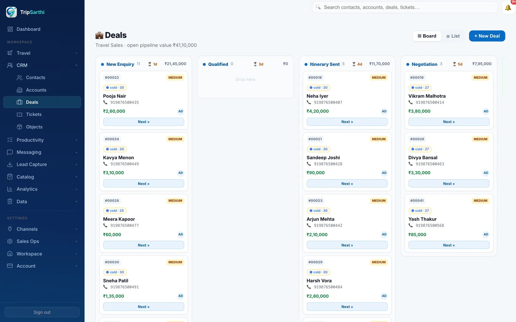 TripSarthi sales pipeline board showing travel enquiries moving from new enquiry to negotiation