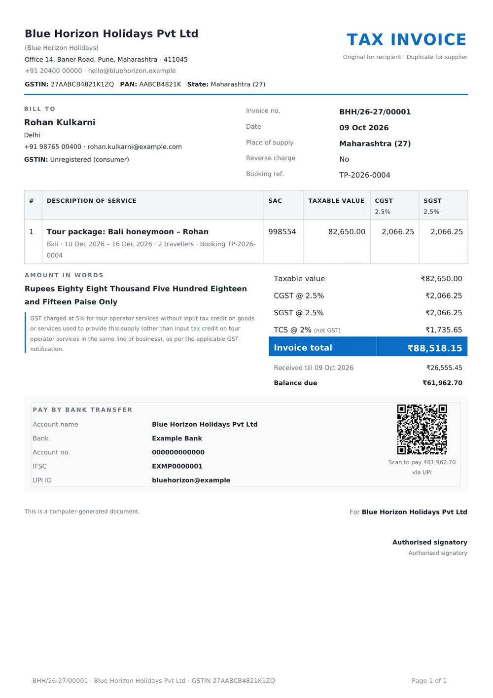 GST tax invoice PDF with UPI QR code