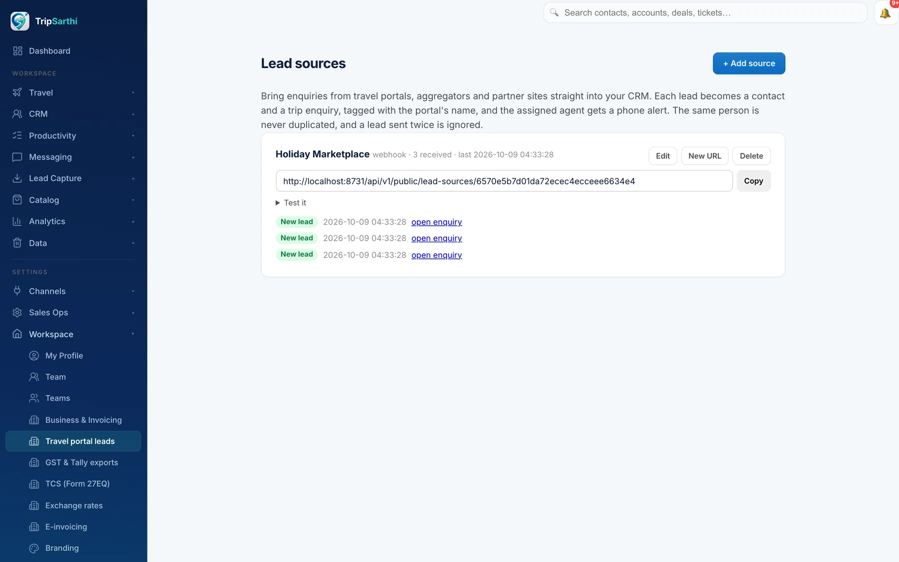 Lead source webhook with recent events