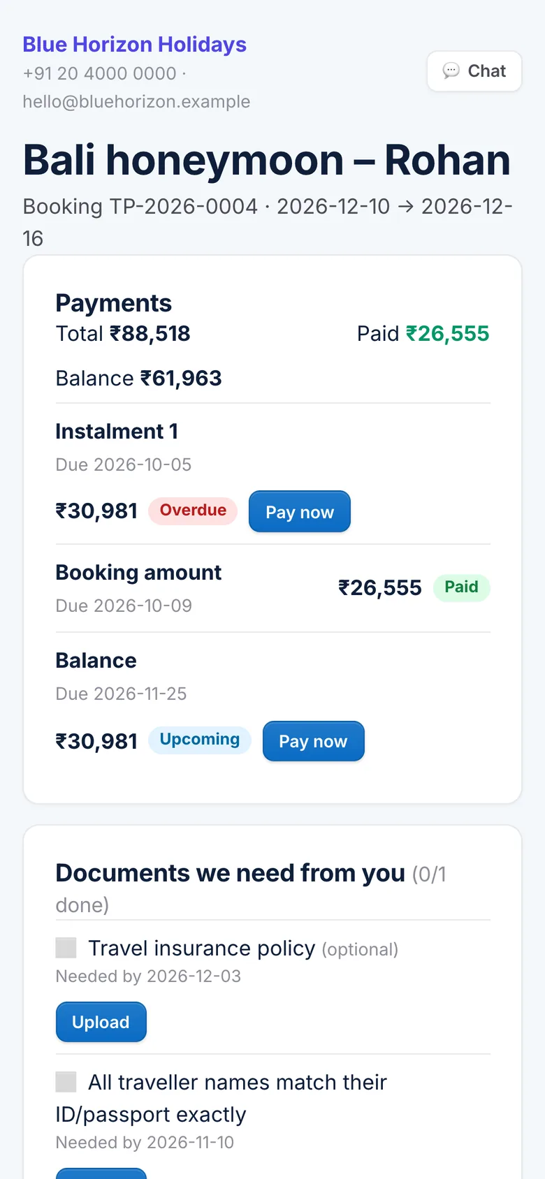 Customer trip portal on a phone showing payments and documents